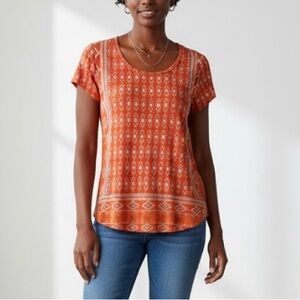 Lucky Brand geometric tribal print short sleeve top shirt orange round neck med